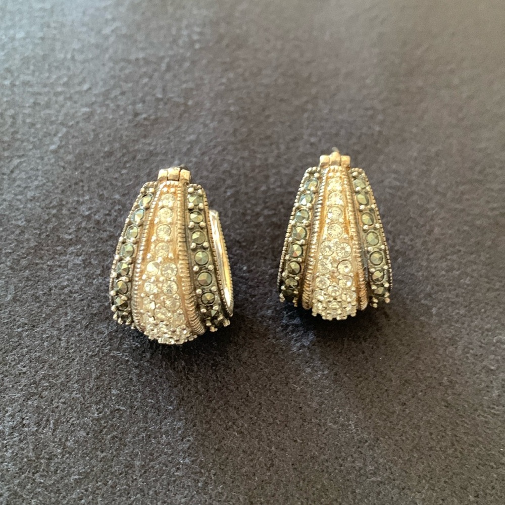 Bali Style Hoop Earrings 925 Silver, Marcasite and Rhinestone. Made in Thailand
